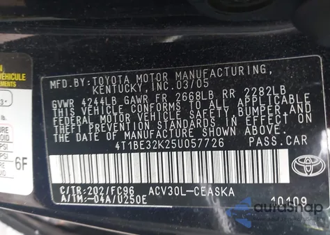 2005 Toyota Camry Se from USA, damaged, VIN 4T1BE32K25U057726